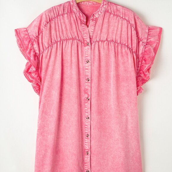 B260 Pink Ruffled Short Sleeve Buttoned Denim Mini Dress - Picture 4 of 10